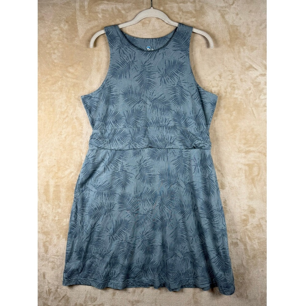 Kuhl Skyla Dress Womens XL Gray Blue Palm Leaf Sleeveless Tank Pockets Stretch